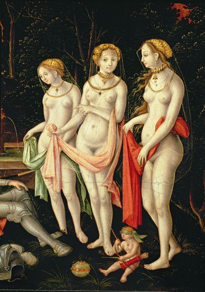 De Verwoesting van Troje en het Oordeel van Parijs, detail met Artemis, Hera en Aphrodite, 1540 door Matthias Gerung or Gerou